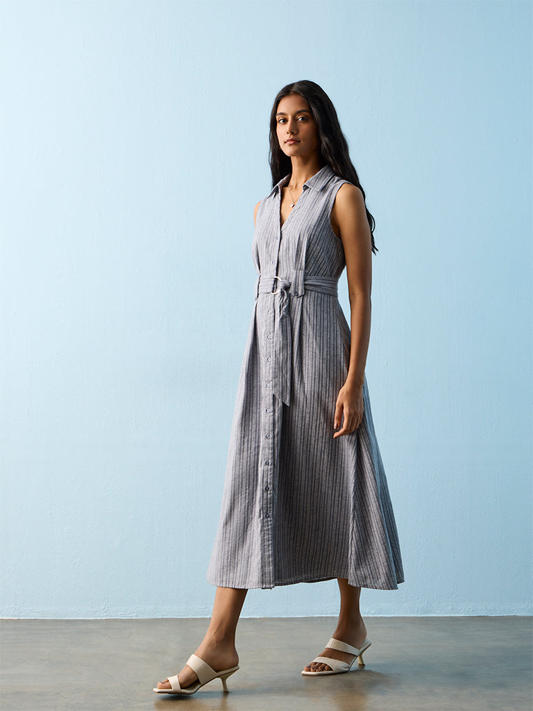 LOV Blue Striped Cotton-Blend Shirt Dress with Belt