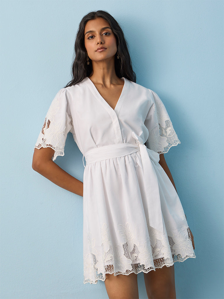 LOV White Floral Embroidered Cotton A-Line Dress