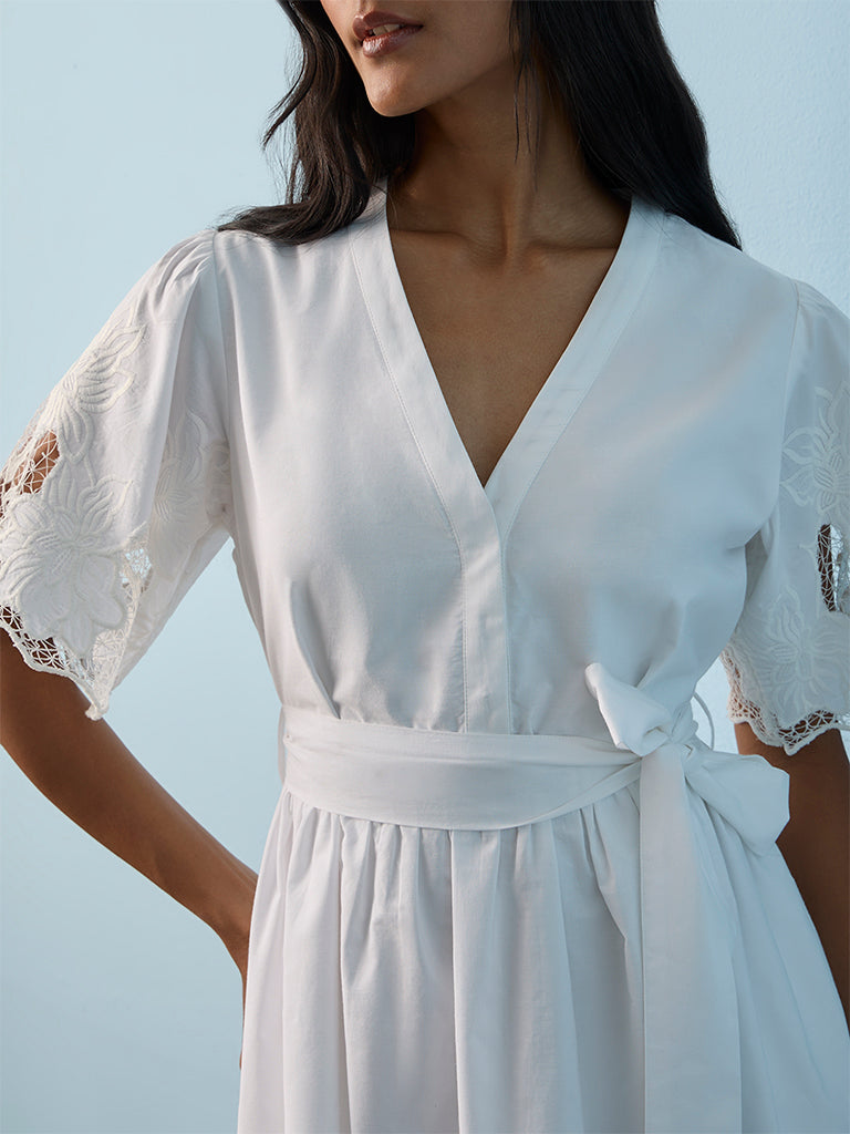 LOV White Floral Embroidered Cotton A-Line Dress