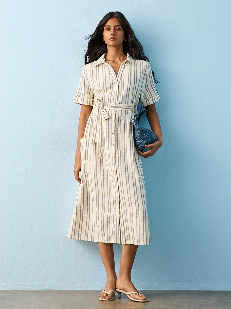 LOV Off-White Striped Cotton Shirt Dress
