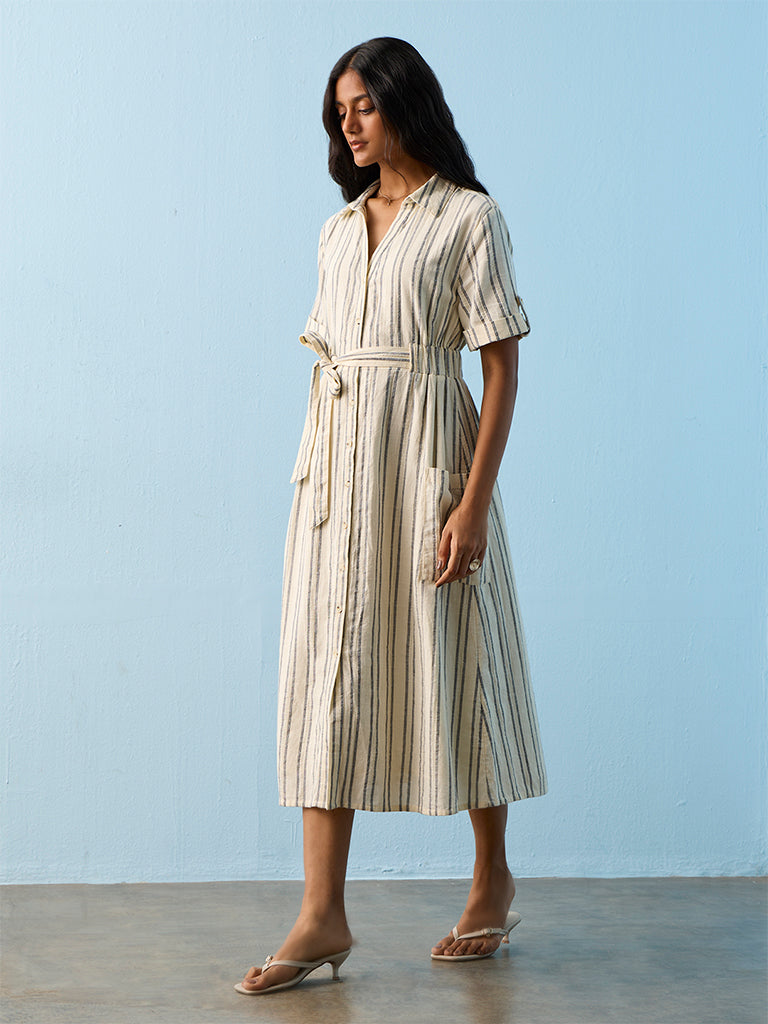 LOV Off-White Striped Cotton Shirt Dress