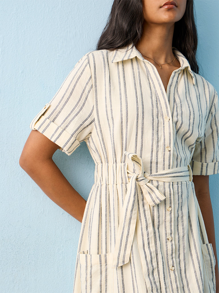LOV Off-White Striped Cotton Shirt Dress