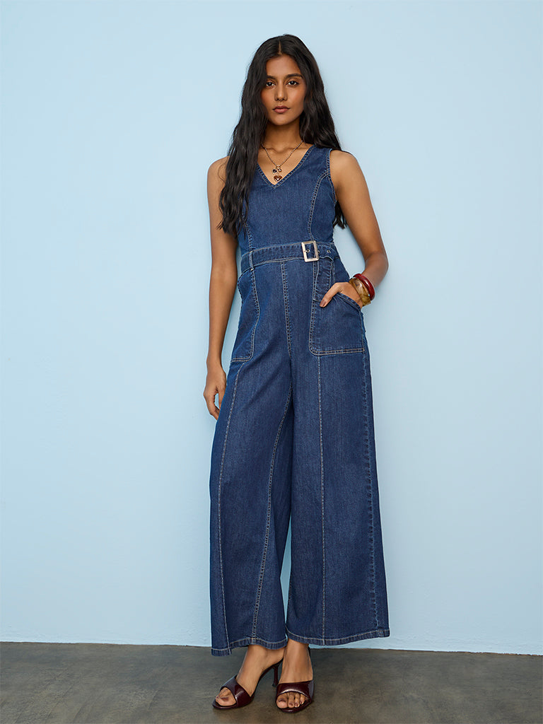 LOV Dark Blue Denim Jumpsuit with Belt