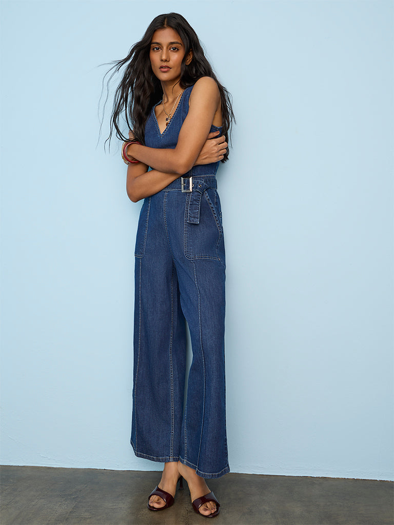LOV Dark Blue Denim Jumpsuit with Belt