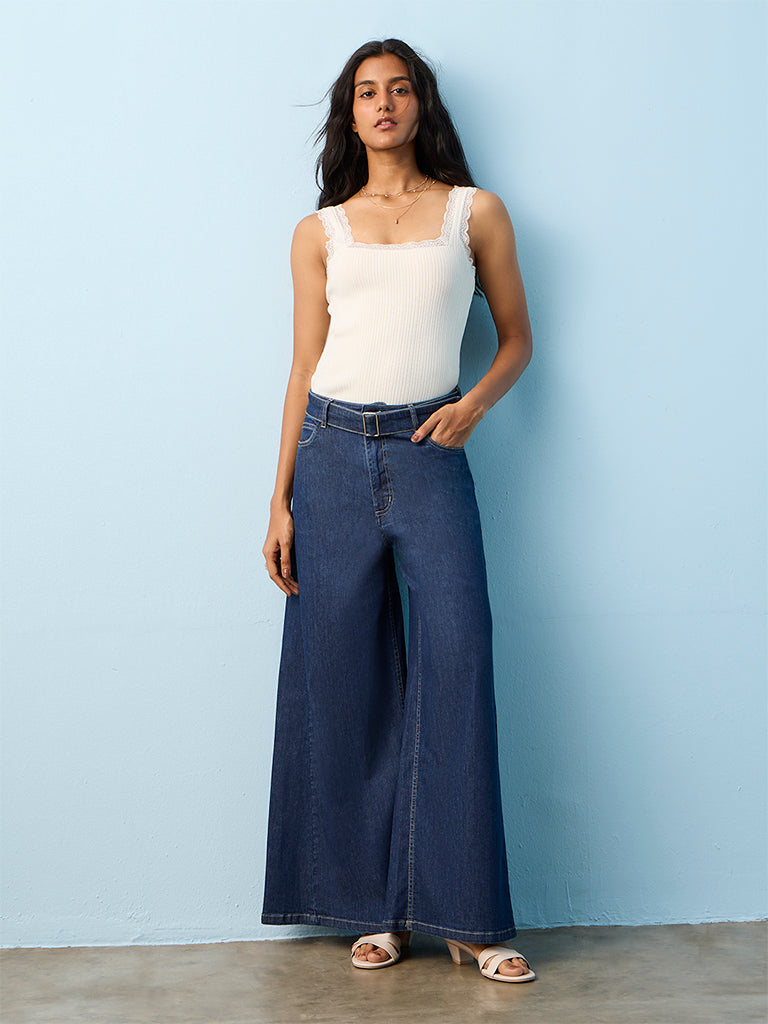 LOV Dark Blue Wide-Leg High-Rise Jeans with Belt
