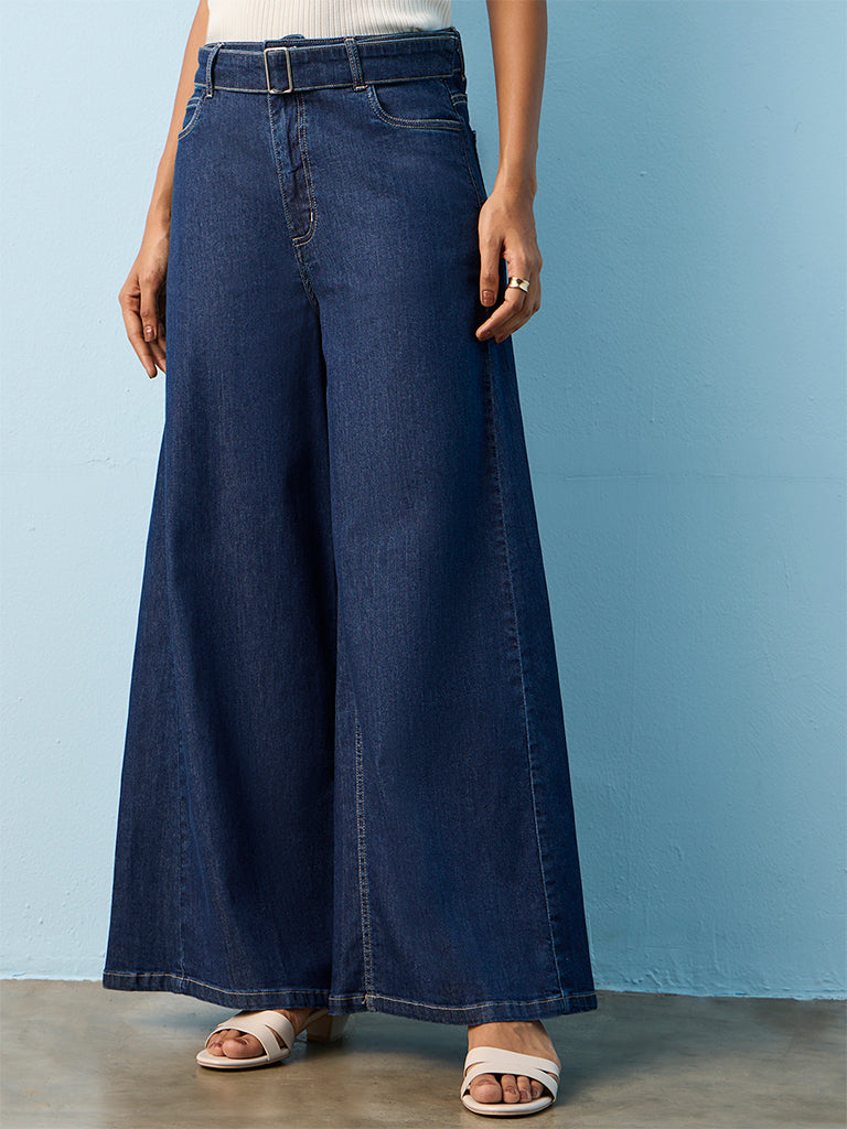 LOV Dark Blue Wide-Leg High-Rise Jeans with Belt