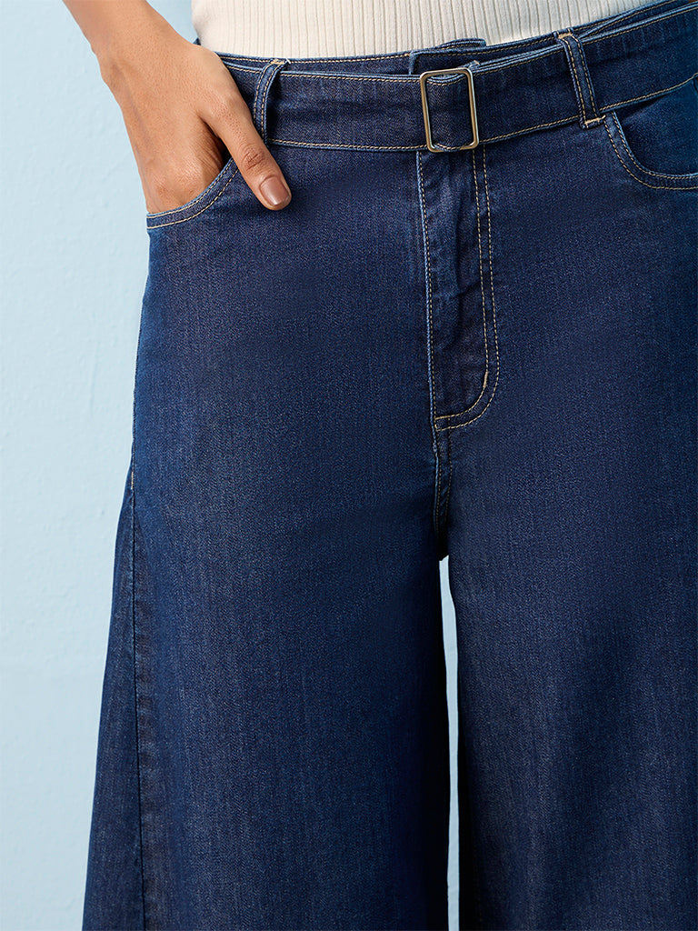 LOV Dark Blue Wide-Leg High-Rise Jeans with Belt