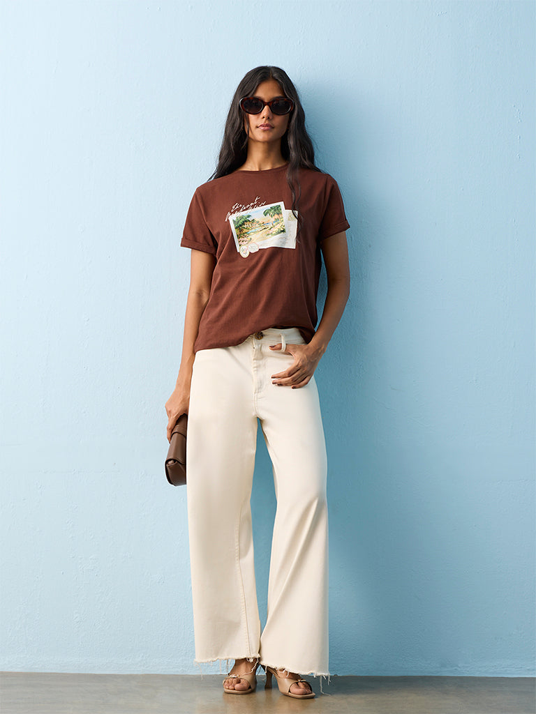 LOV Brown Printed Cotton T-Shirt