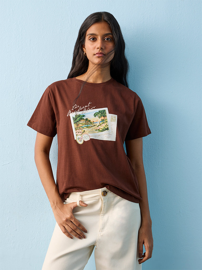 LOV Brown Printed Cotton T-Shirt