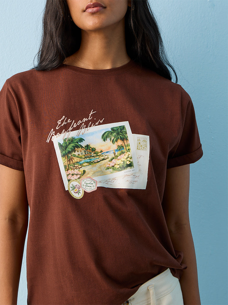 LOV Brown Printed Cotton T-Shirt