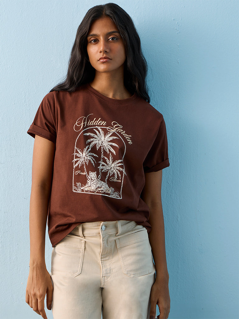 LOV Brown Jungle-Inspired Cotton T-Shirt