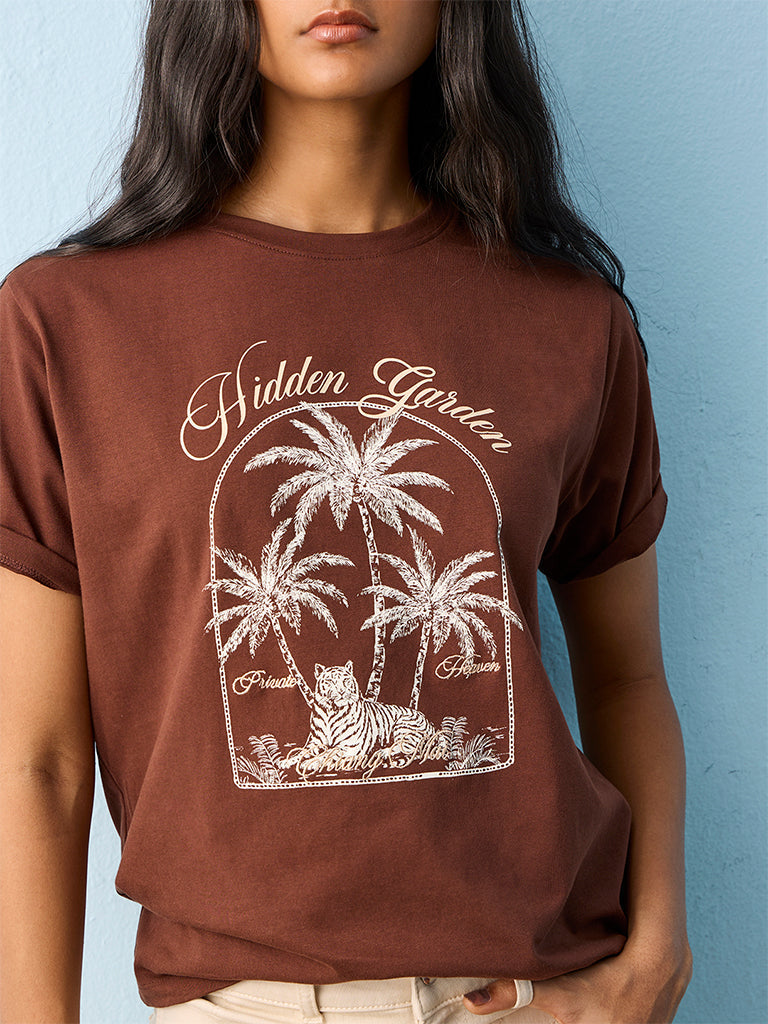 LOV Brown Jungle-Inspired Cotton T-Shirt