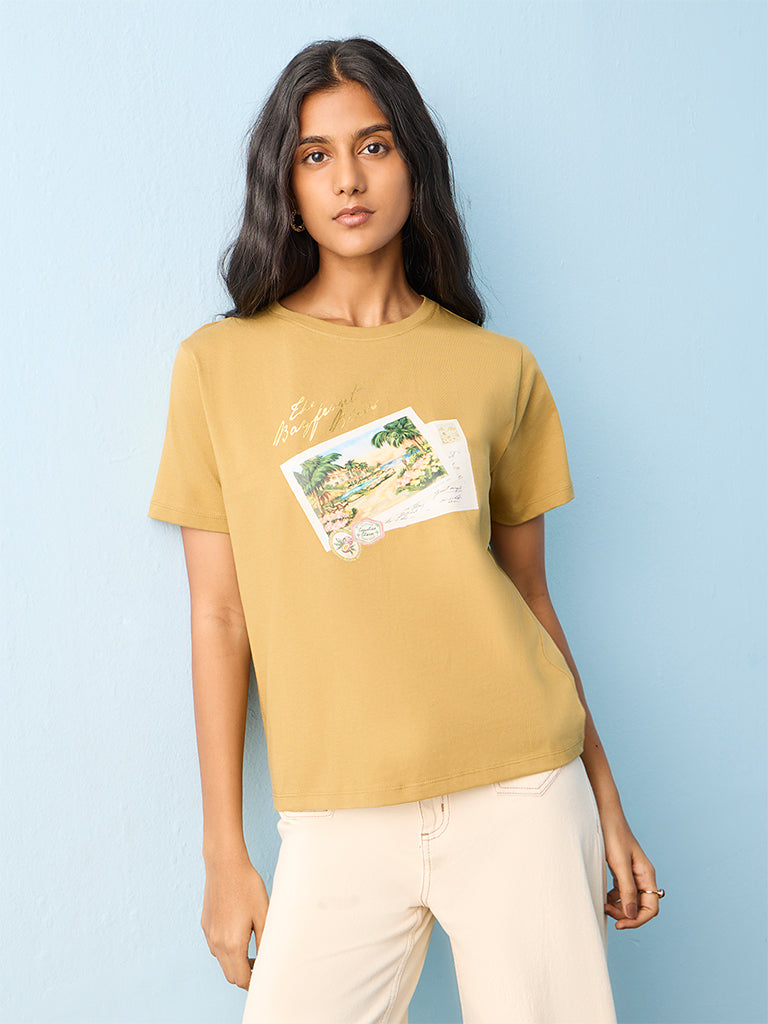 LOV Khaki Graphic Printed Cotton T-Shirt