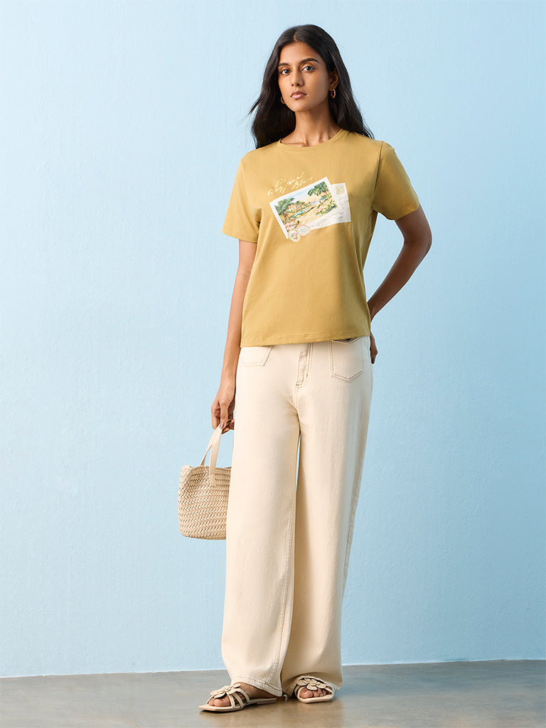 LOV Khaki Graphic Printed Cotton T-Shirt
