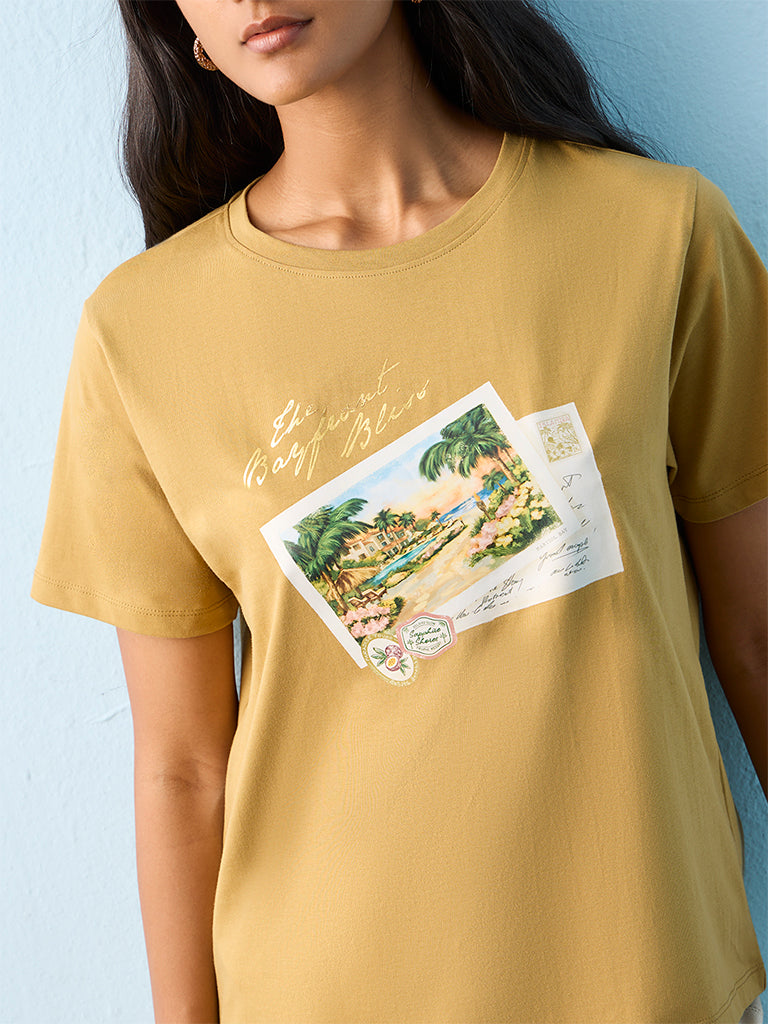 LOV Khaki Graphic Printed Cotton T-Shirt