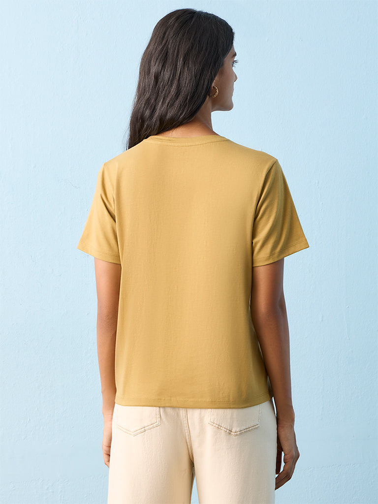 LOV Khaki Graphic Printed Cotton T-Shirt