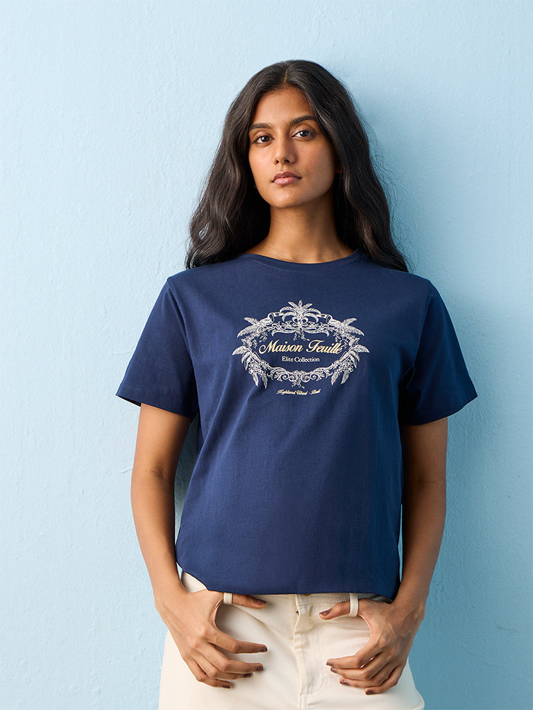 LOV Navy Printed Cotton T-Shirt
