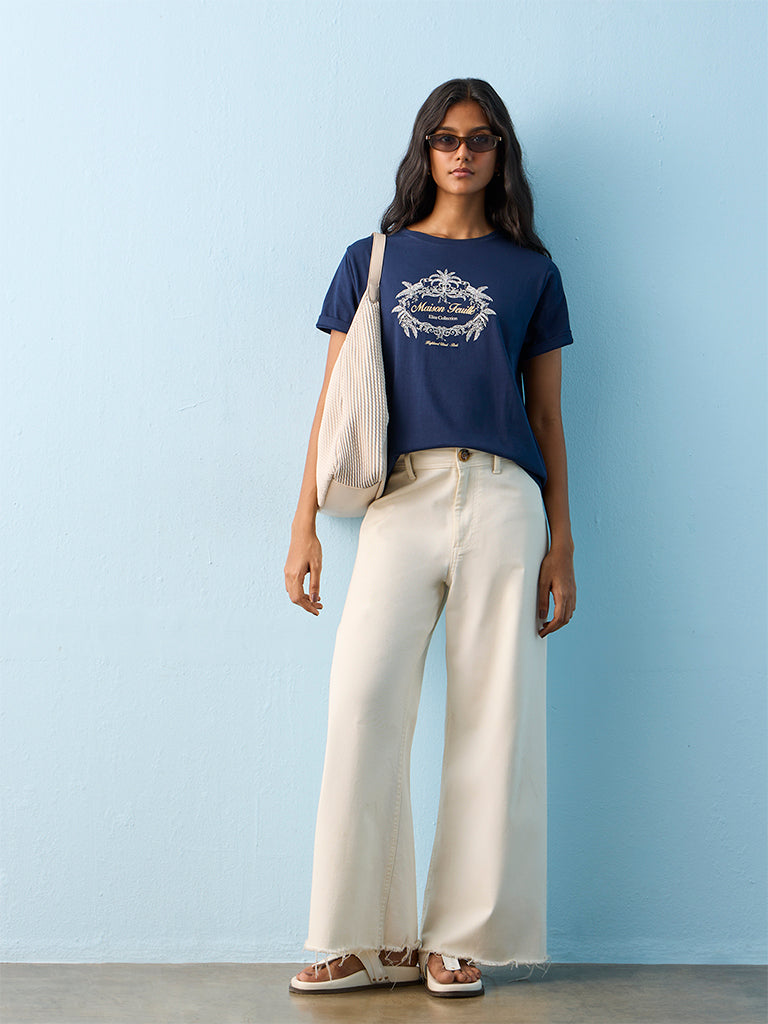 LOV Navy Printed Cotton T-Shirt