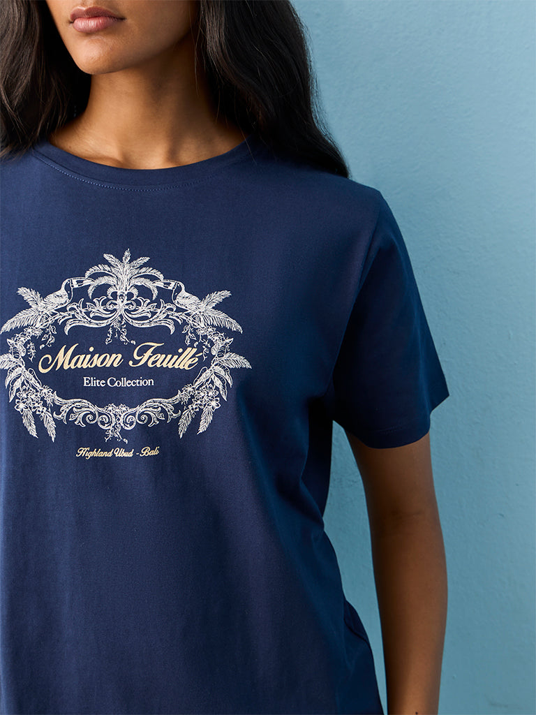 LOV Navy Printed Cotton T-Shirt