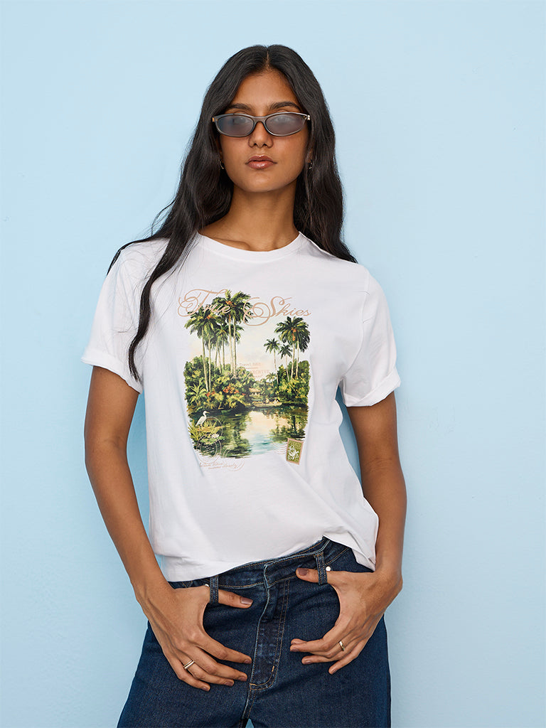 LOV White Nature-Inspired Cotton T-Shirt
