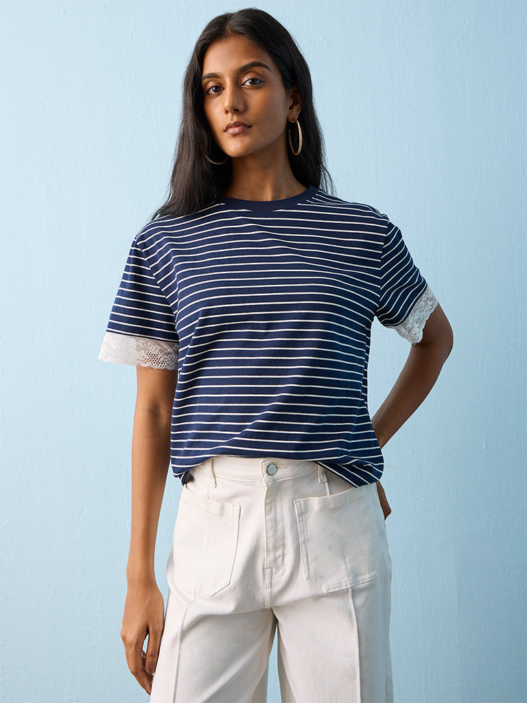 LOV Navy Striped Cotton-Blend T-Shirt