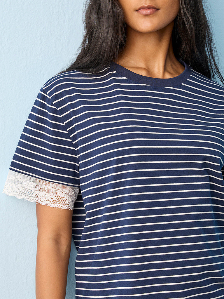LOV Navy Striped Cotton-Blend T-Shirt