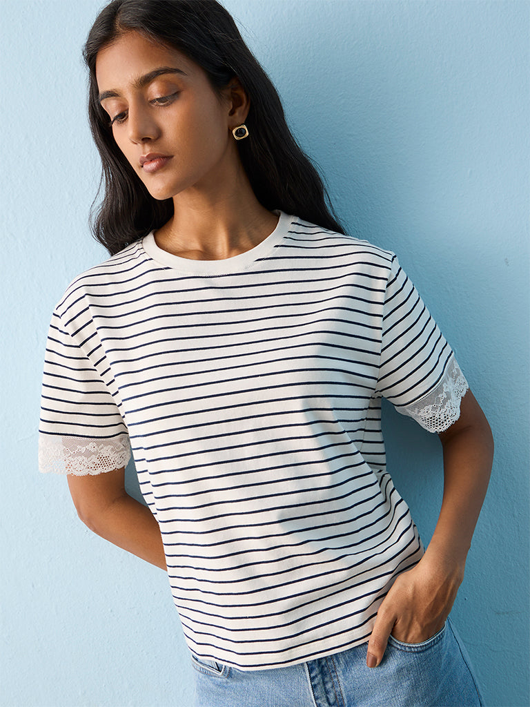 LOV White Striped Cotton-Blend T-Shirt