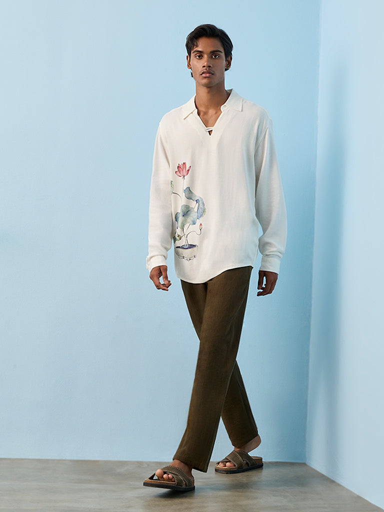 ETA Dark Olive Self-Striped Relaxed-Fit Mid-Rise Cotton Pants