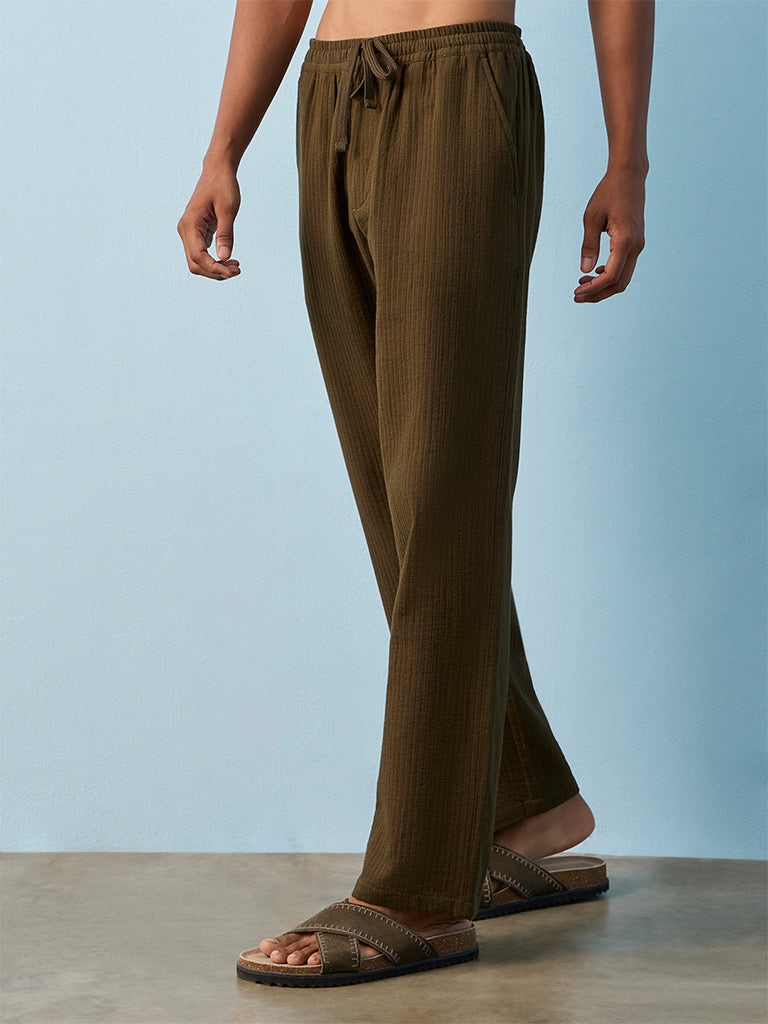 ETA Dark Olive Self-Striped Relaxed-Fit Mid-Rise Cotton Pants