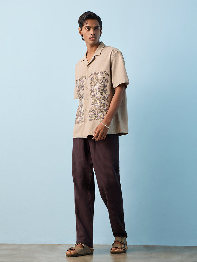 ETA Dark Purple Self-Striped Relaxed-Fit Mid-Rise Cotton Pants