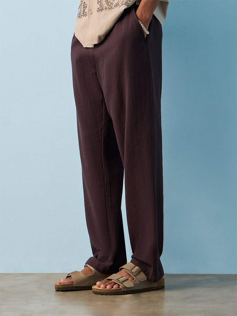 ETA Dark Purple Self-Striped Relaxed-Fit Mid-Rise Cotton Pants