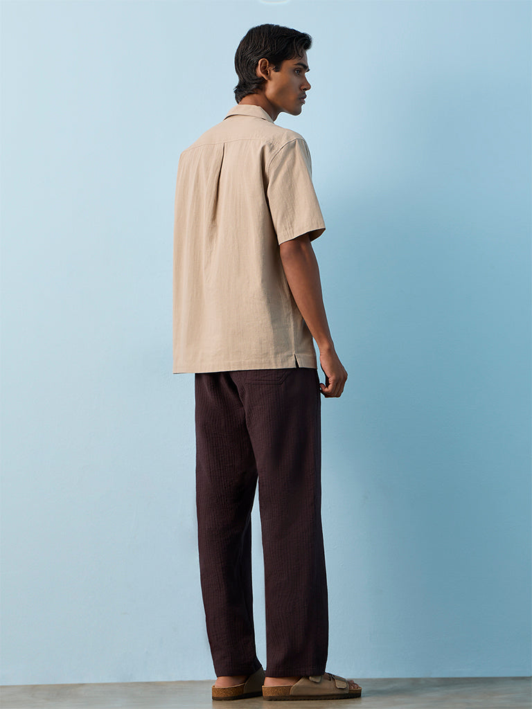 ETA Dark Purple Self-Striped Relaxed-Fit Mid-Rise Cotton Pants
