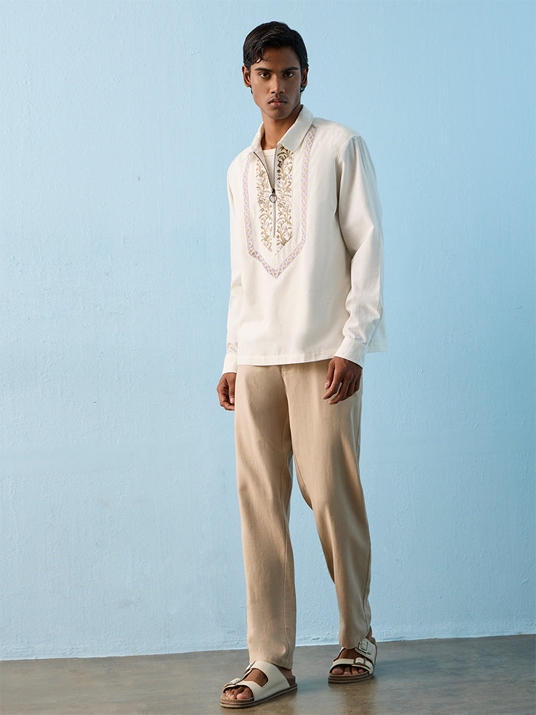 ETA Off White Floral Embroidered Relaxed-Fit Cotton Shirt