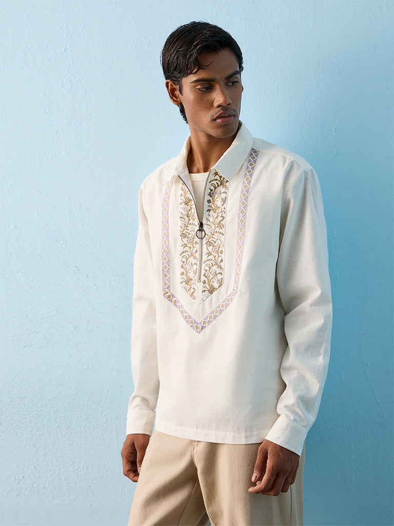 ETA Off White Floral Embroidered Relaxed-Fit Cotton Shirt