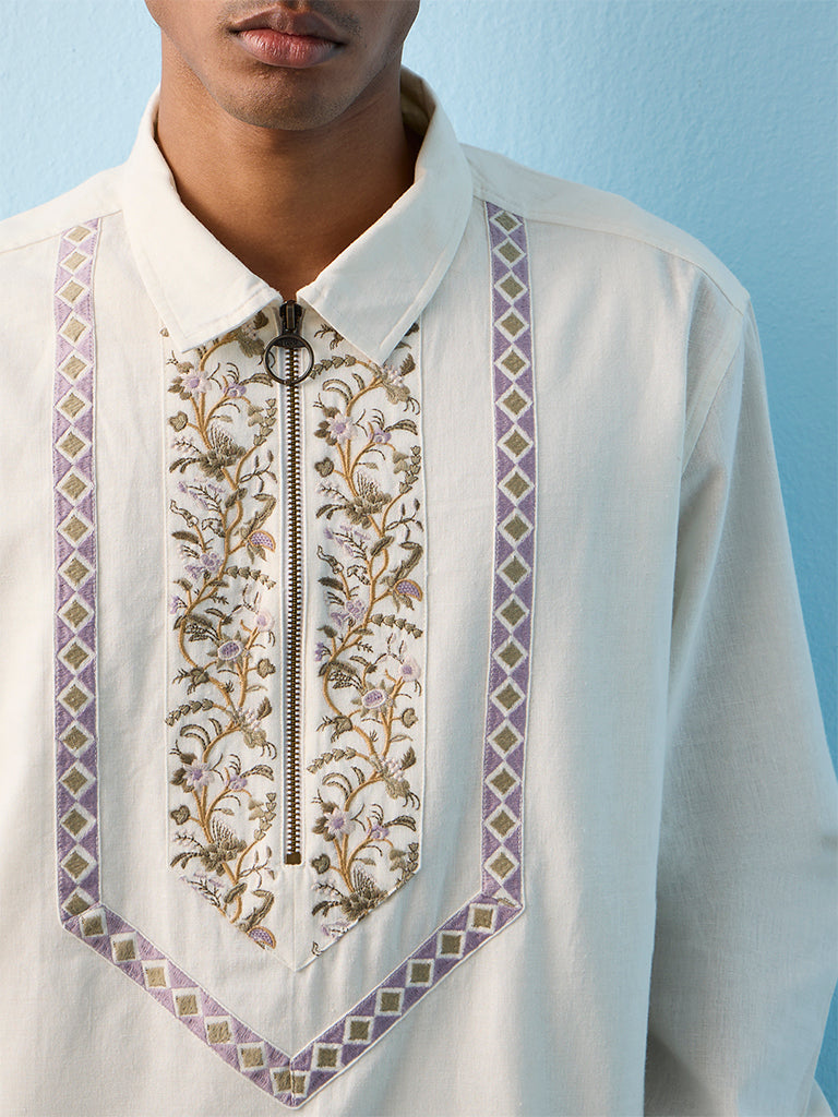 ETA Off White Floral Embroidered Relaxed-Fit Cotton Shirt