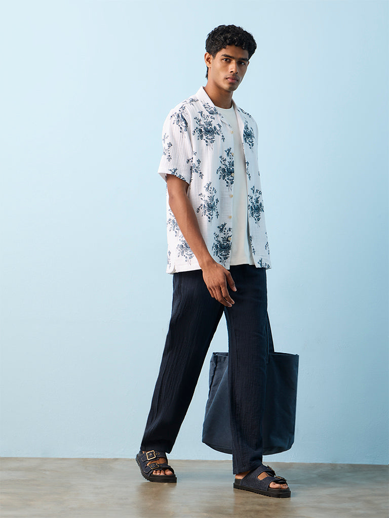 ETA Off-White Floral Pattern Relaxed-Fit Cotton Shirt