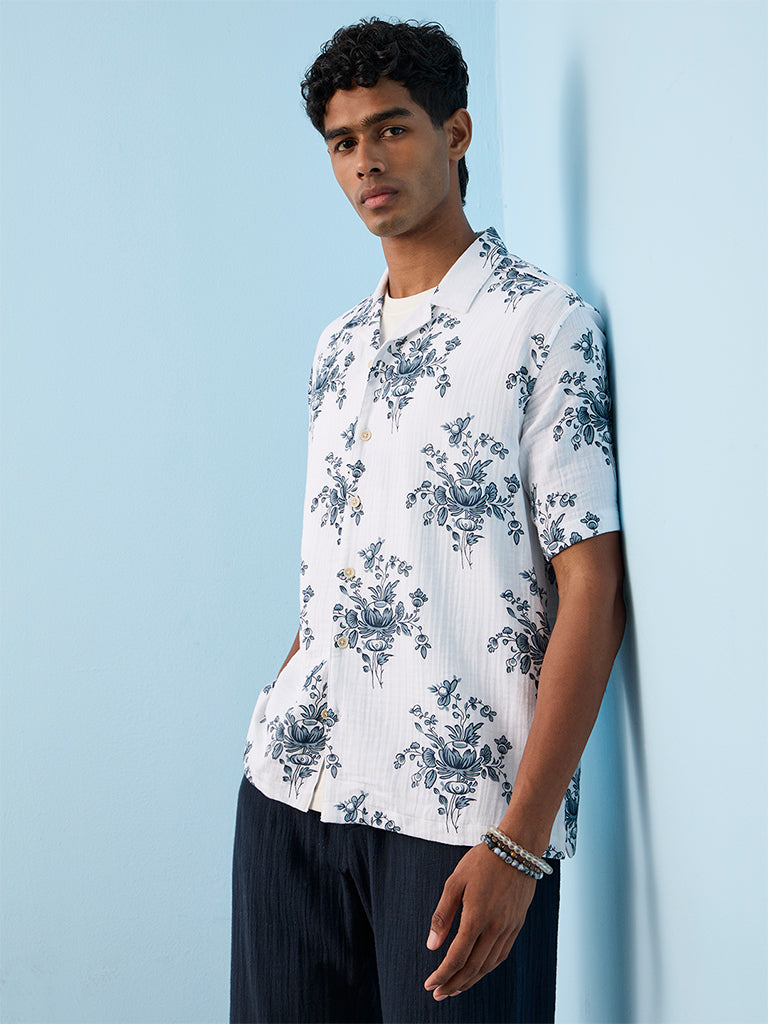 ETA Off-White Floral Pattern Relaxed-Fit Cotton Shirt