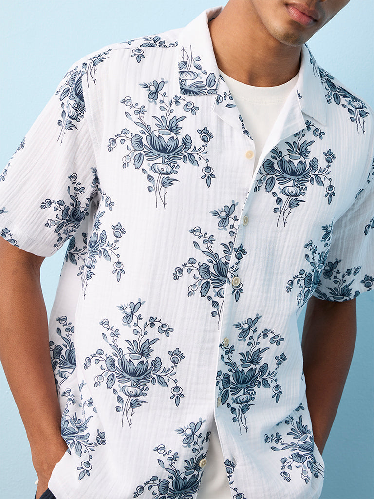 ETA Off-White Floral Pattern Relaxed-Fit Cotton Shirt