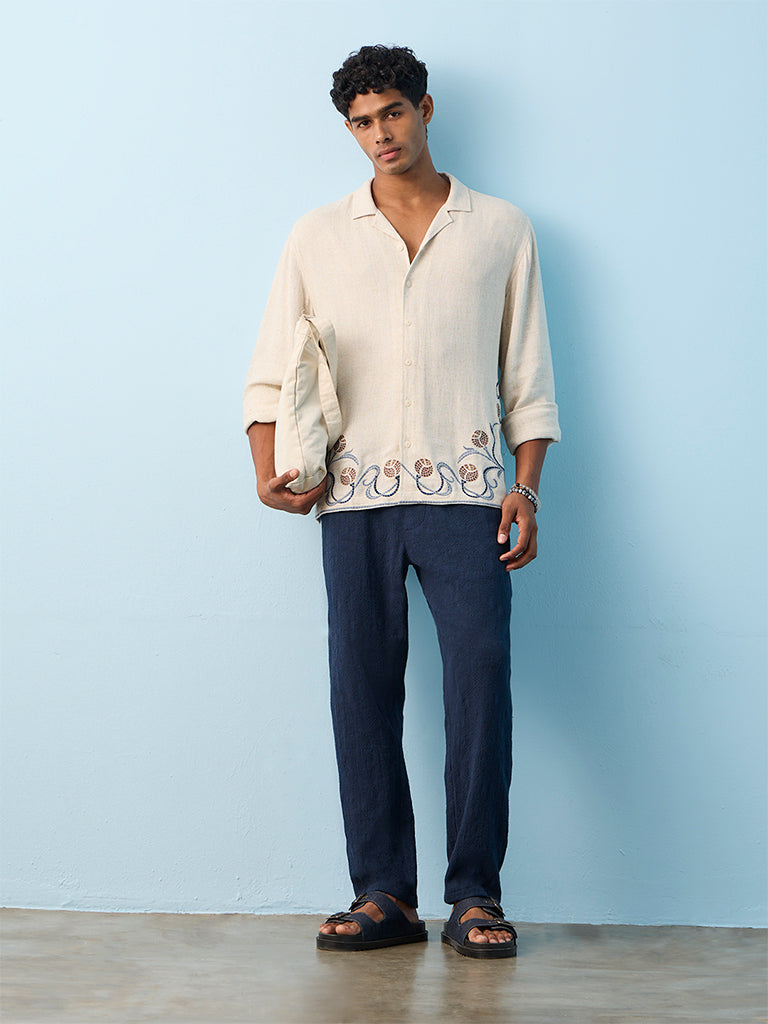 ETA Off-White Floral Embroidered Relaxed-Fit Cotton Shirt