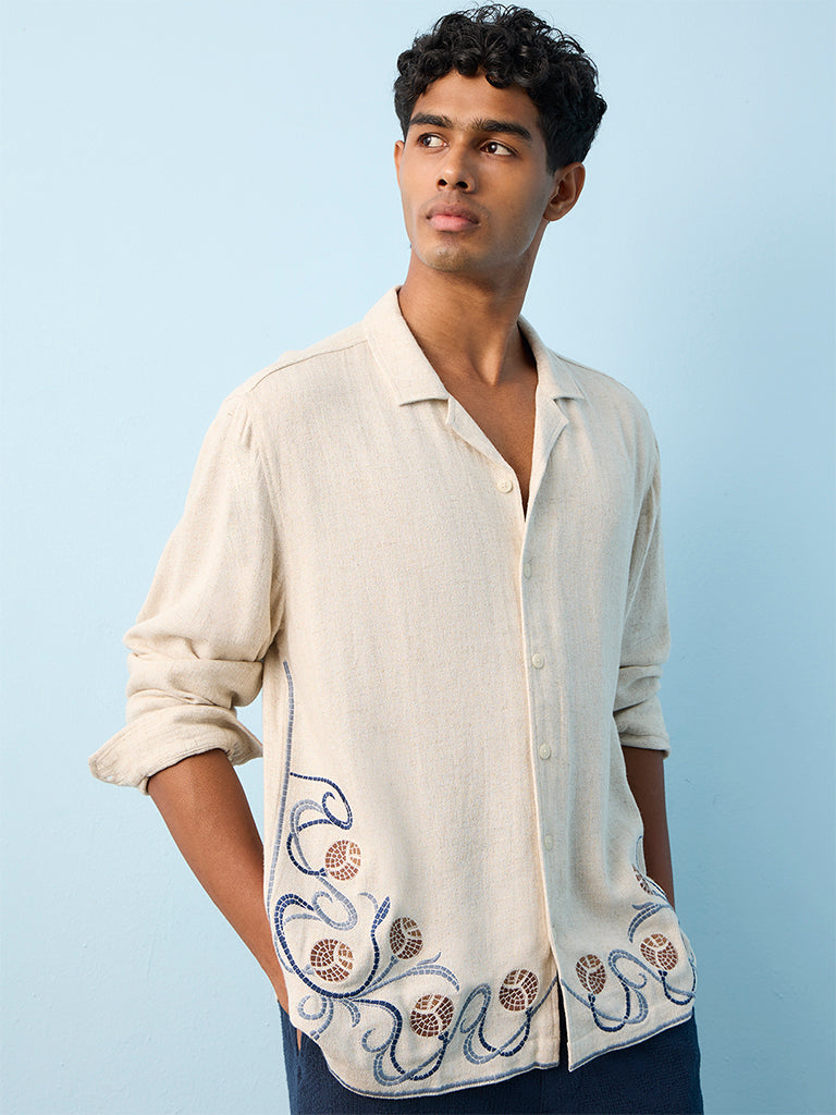 ETA Off-White Floral Embroidered Relaxed-Fit Cotton Shirt