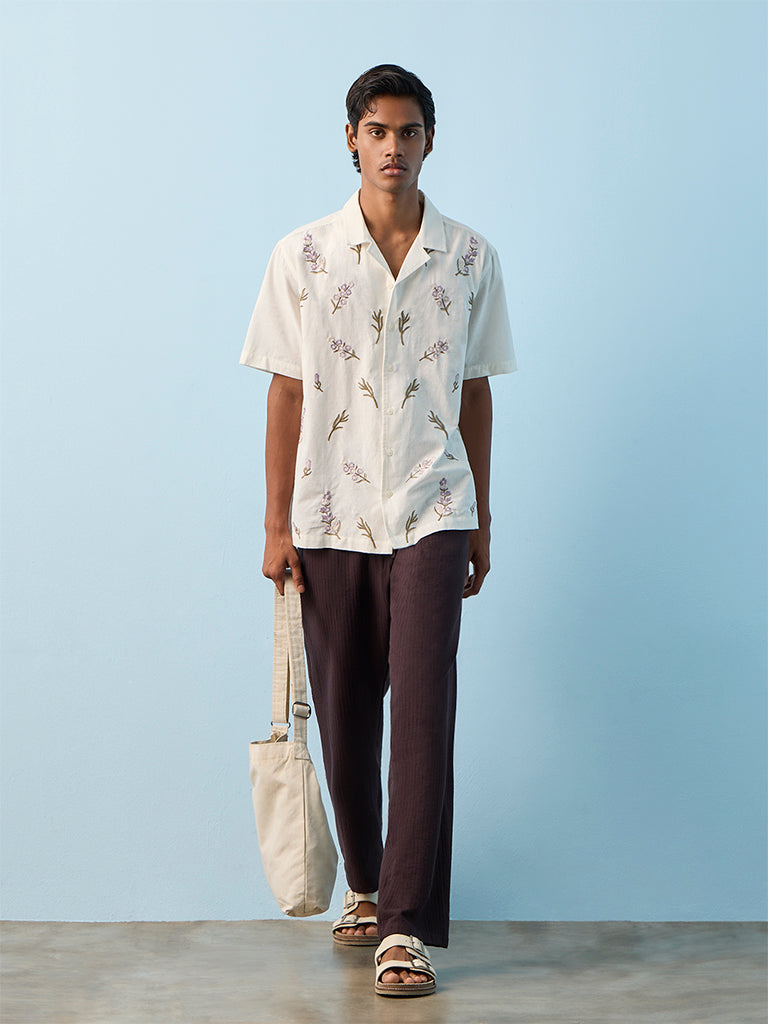 ETA Off-White Floral Embroidered Relaxed-Fit Cotton-Blend Shirt