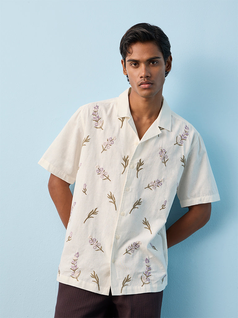 ETA Off-White Floral Embroidered Relaxed-Fit Cotton-Blend Shirt