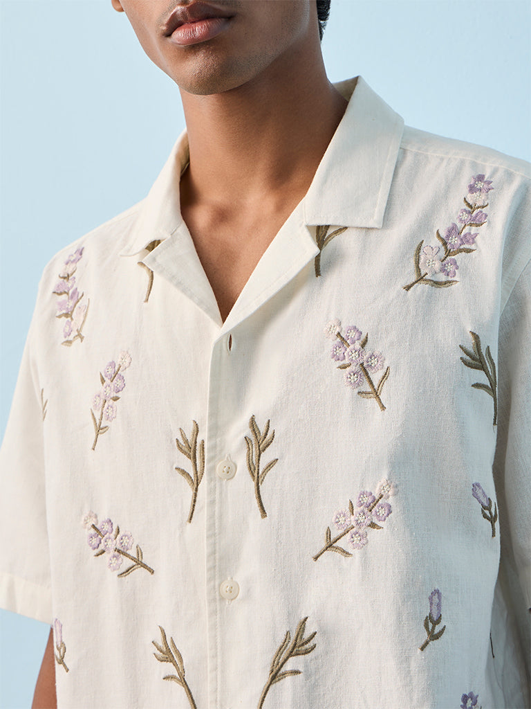 ETA Off-White Floral Embroidered Relaxed-Fit Cotton-Blend Shirt