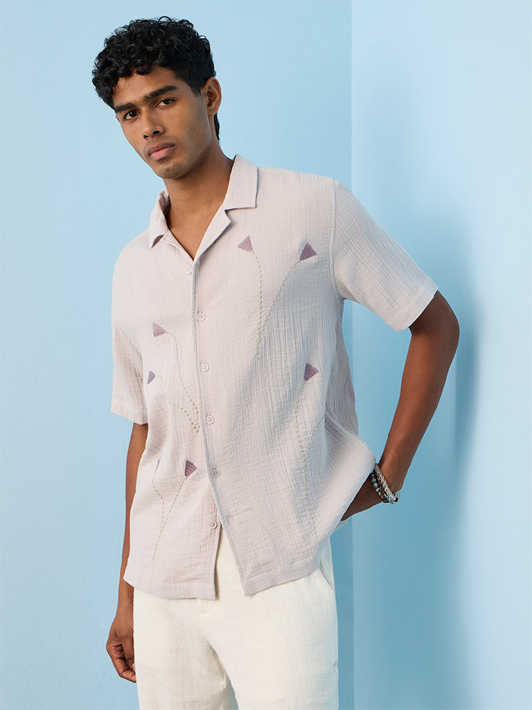 ETA Light Purple Geometric Embroidered Relaxed-Fit Cotton Shirt
