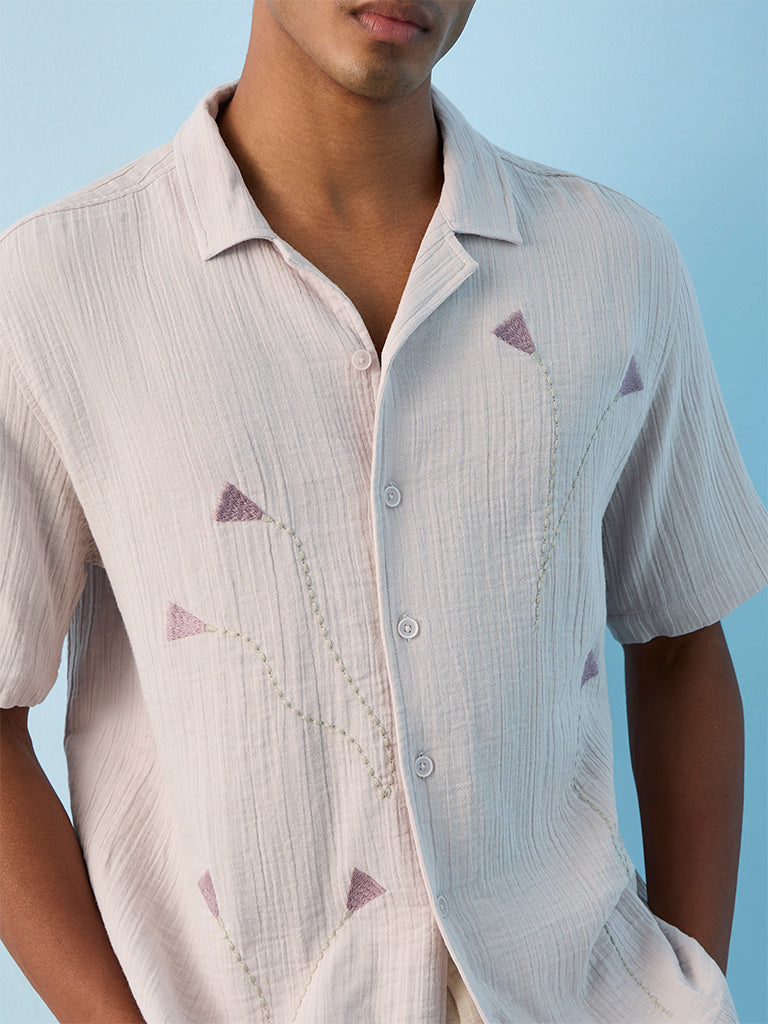 ETA Light Purple Geometric Embroidered Relaxed-Fit Cotton Shirt