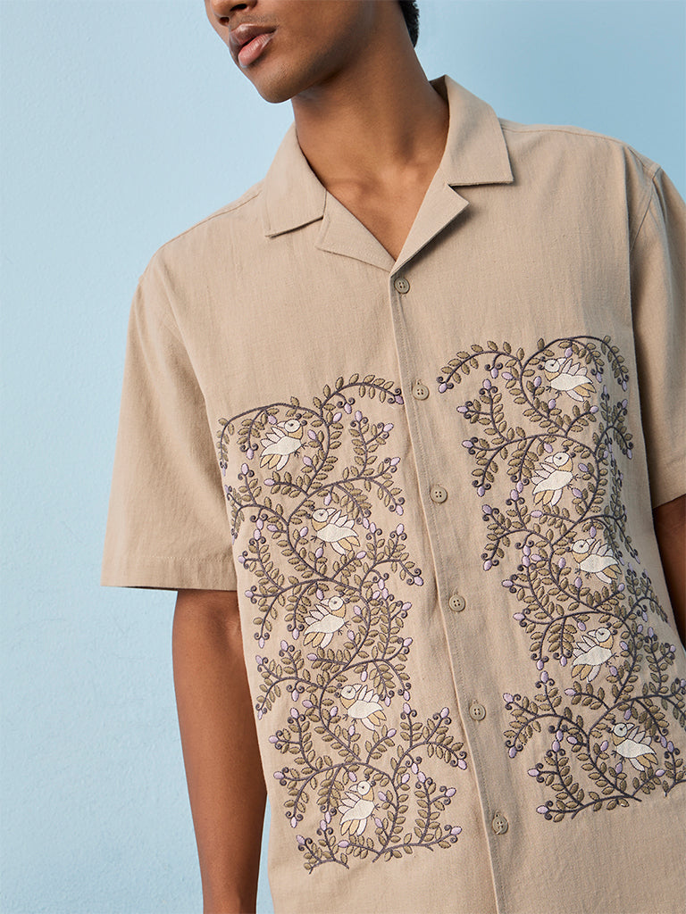 ETA Light Sage Embroidered Relaxed-Fit Cotton-Blend Shirt