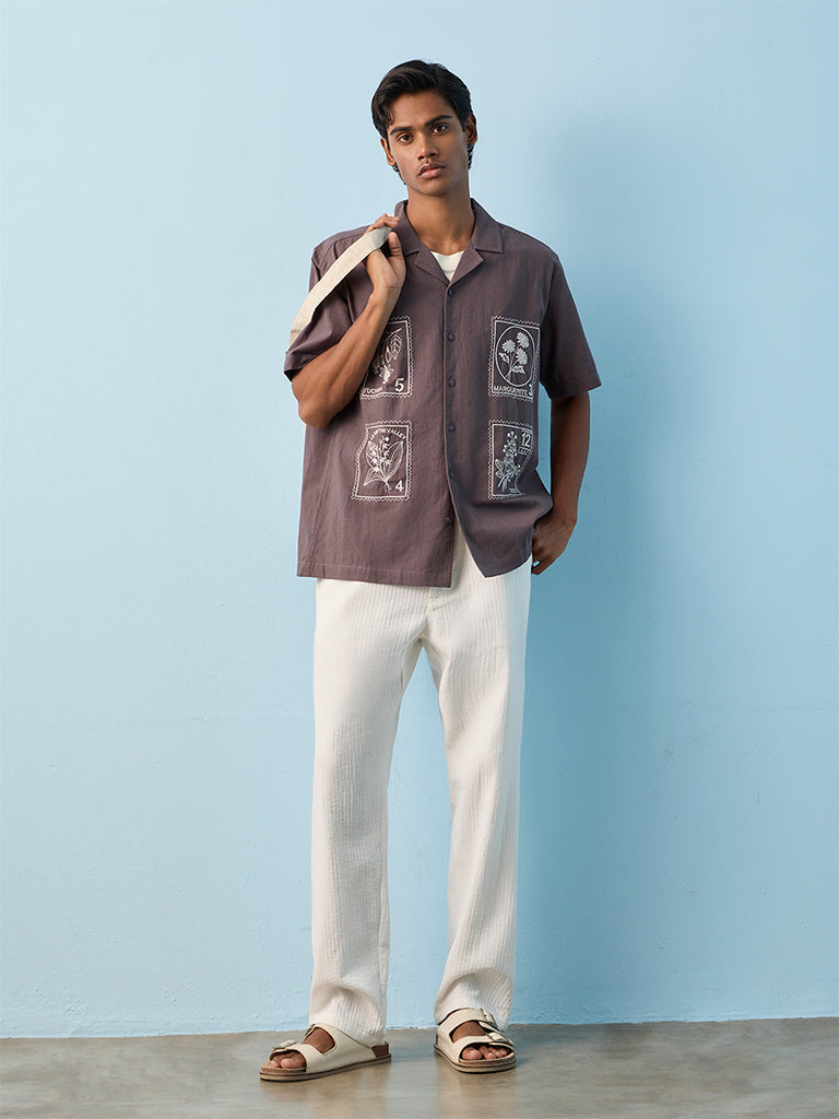 ETA Purple Embroidered Relaxed-Fit Cotton-Blend Shirt