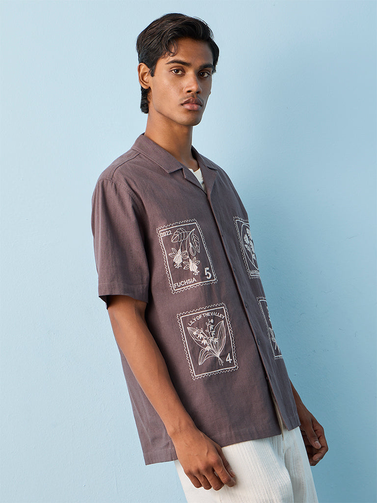ETA Purple Embroidered Relaxed-Fit Cotton-Blend Shirt