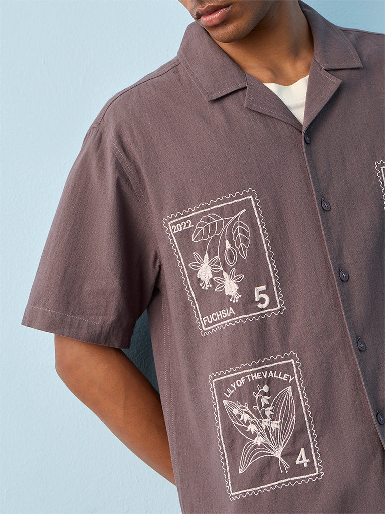 ETA Purple Embroidered Relaxed-Fit Cotton-Blend Shirt