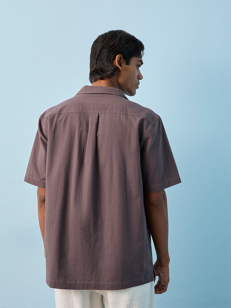ETA Purple Embroidered Relaxed-Fit Cotton-Blend Shirt